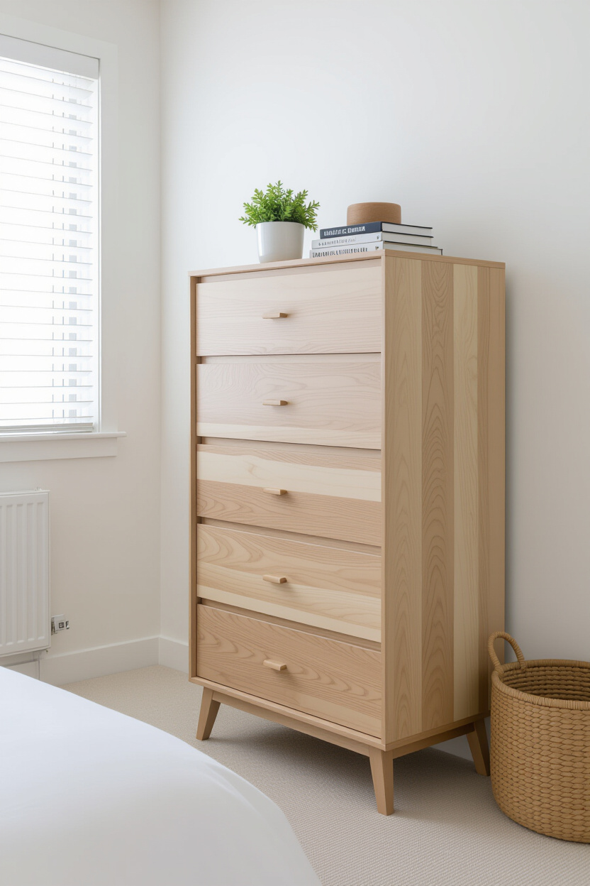A tall, narrow chest of drawers with a minimalist design in a compact modern bedroom. Architectural