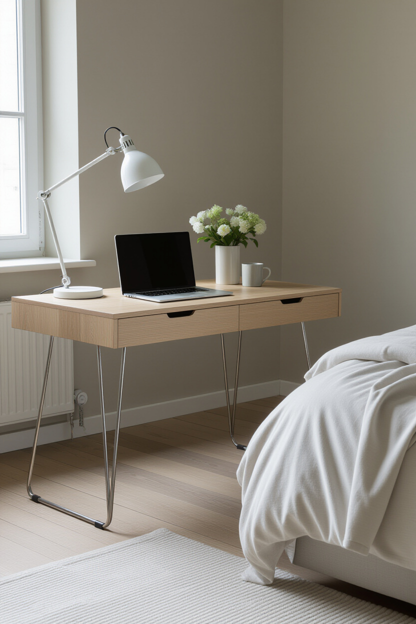 A small, elegant desk with slim metal legs and a light wood top in a modern bedroom. Architectural p
