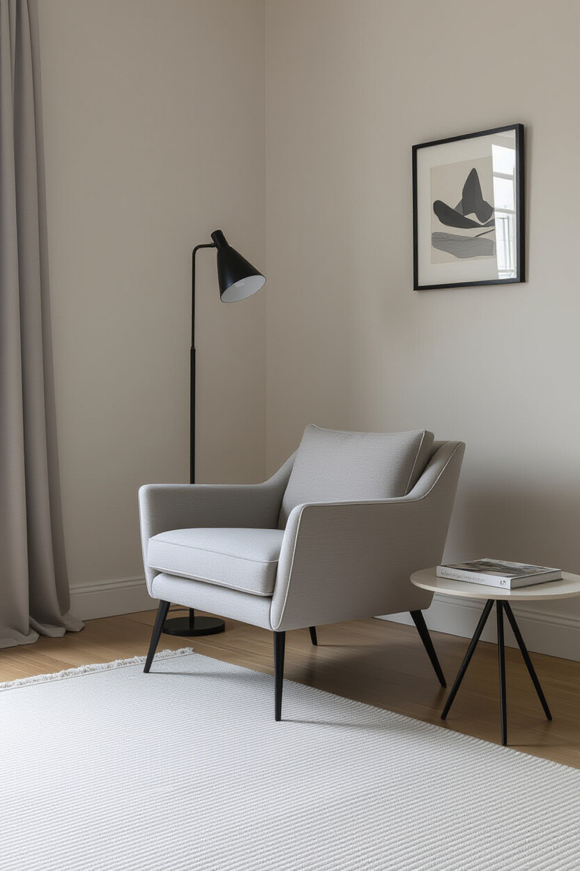 A sleek, modern armchair with a minimalist design and slender legs in a corner of a small bedroom. A