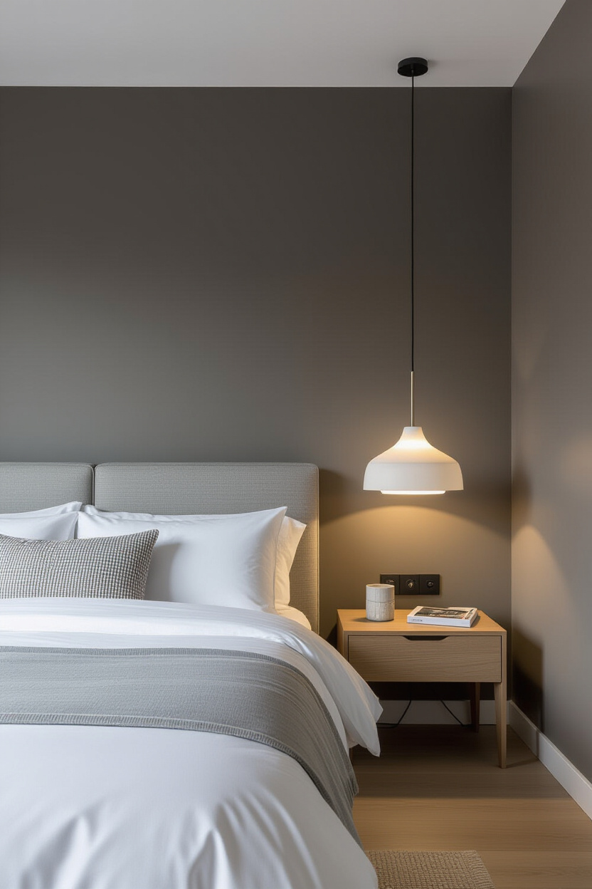 A modern bedroom with layered lighting, including a sleek pendant light and a minimalist bedside lam