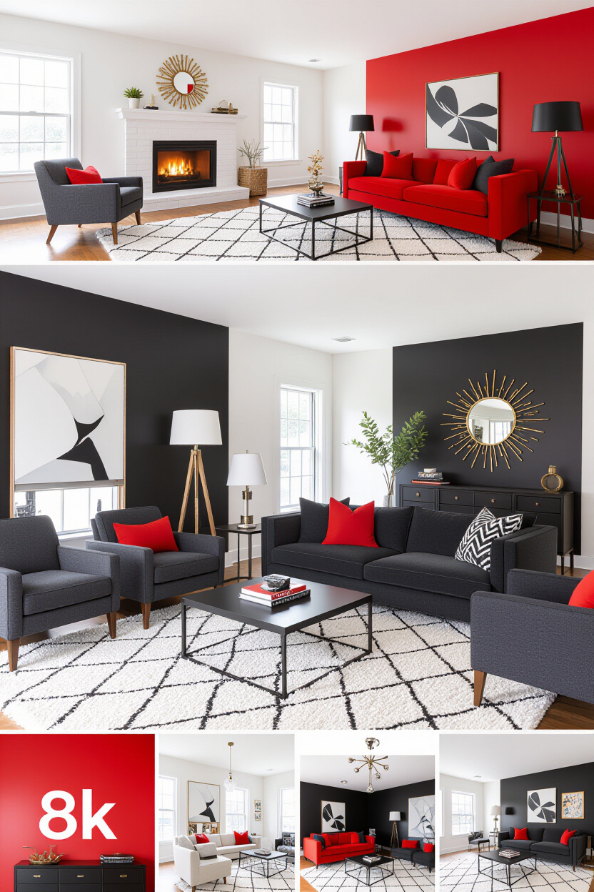 The Art of Contrast: Black and White Living Room with a Pop of Color