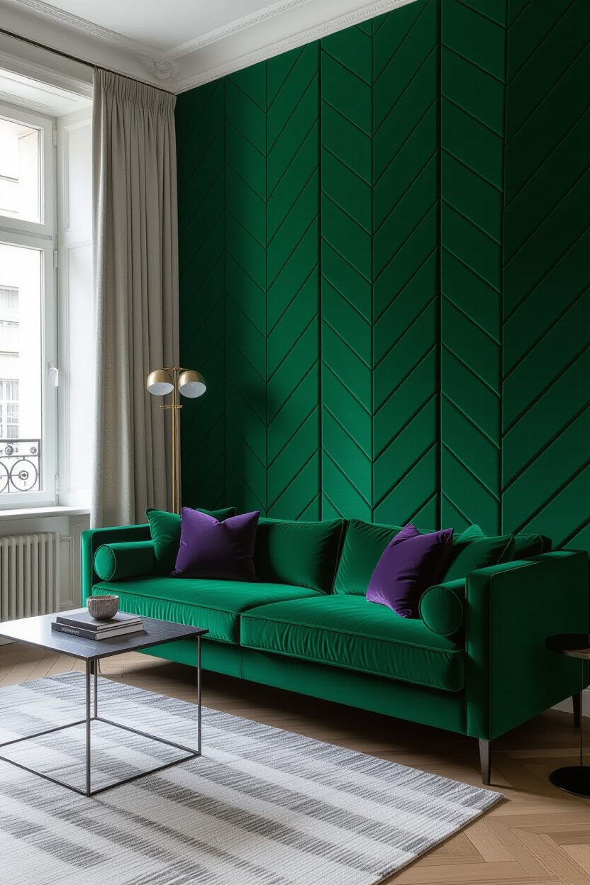 Vibrant Emerald Green Living Room Wall Paneling