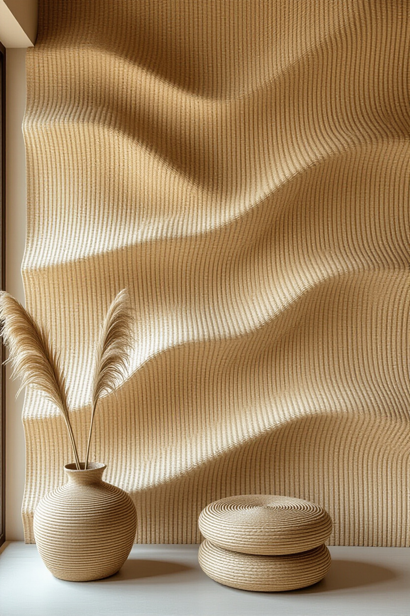 Warm Beige Woven Living Room Wall Paneling