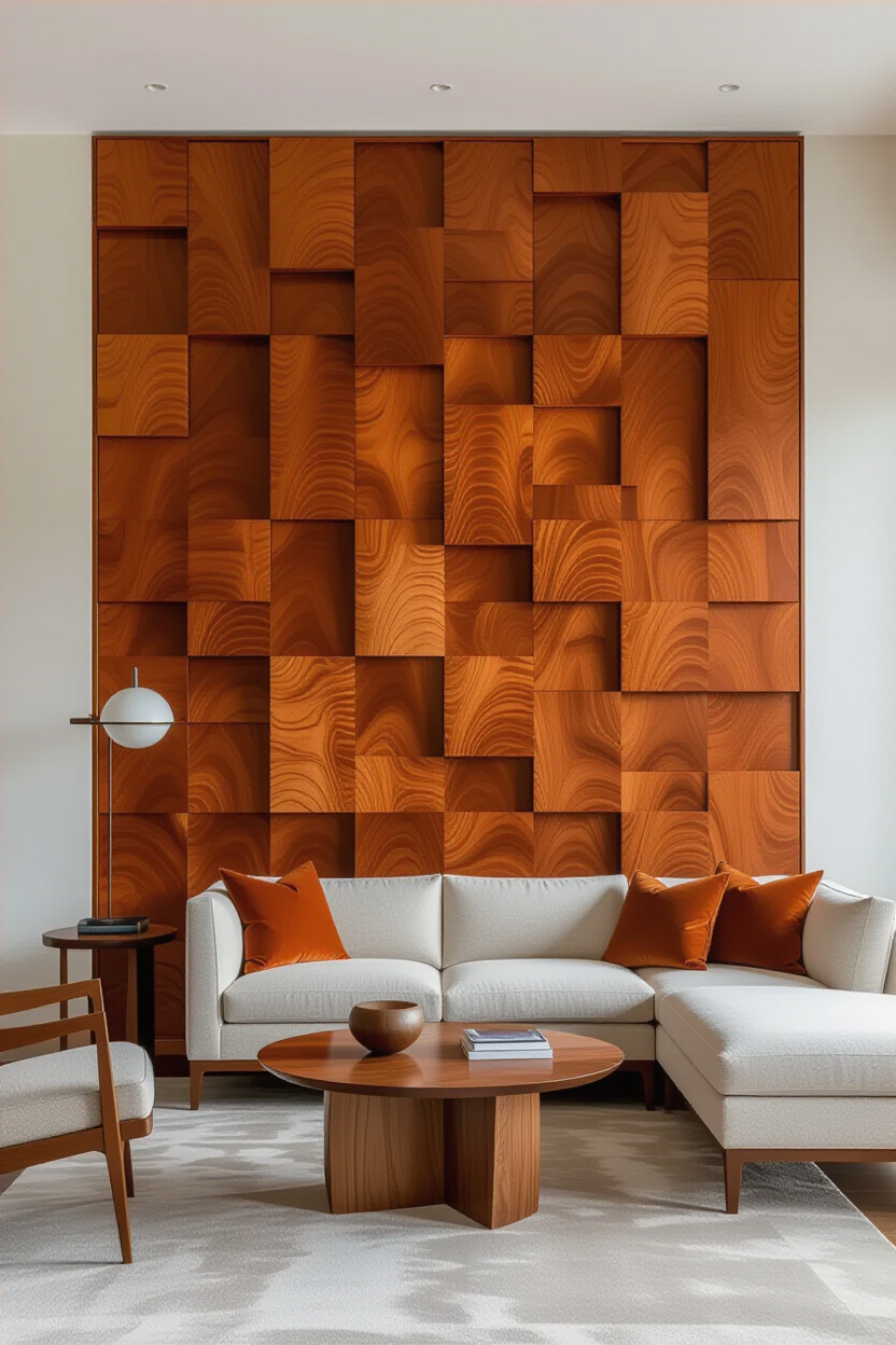 Warm Cherrywood Living Room Wood Wall