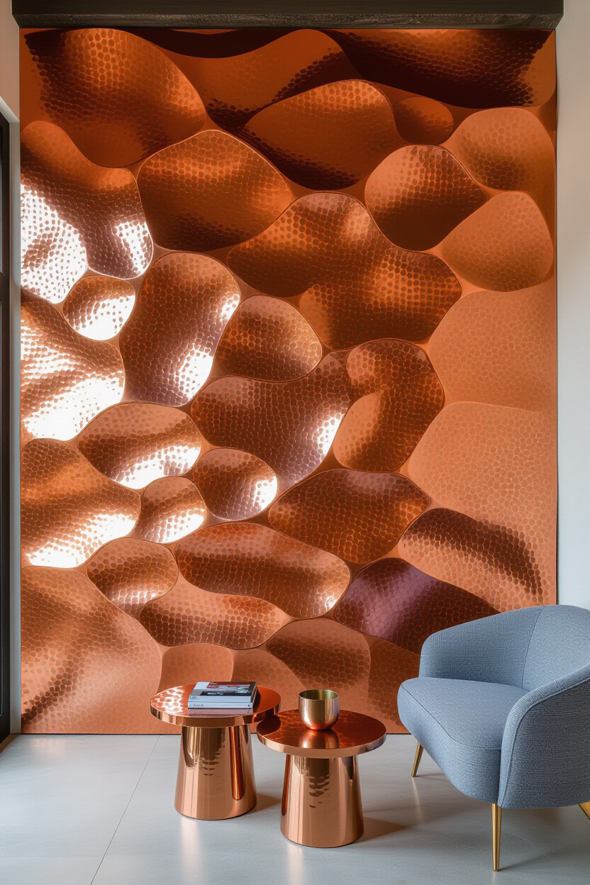 Warm Copper Metallic Living Room Statement Wall