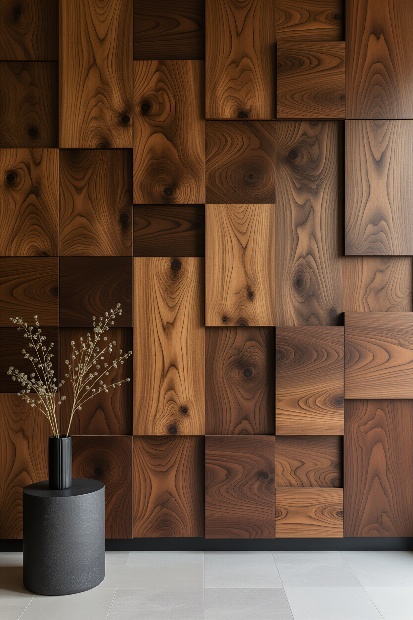 Warm Walnut Living Room Textured Accent Wall