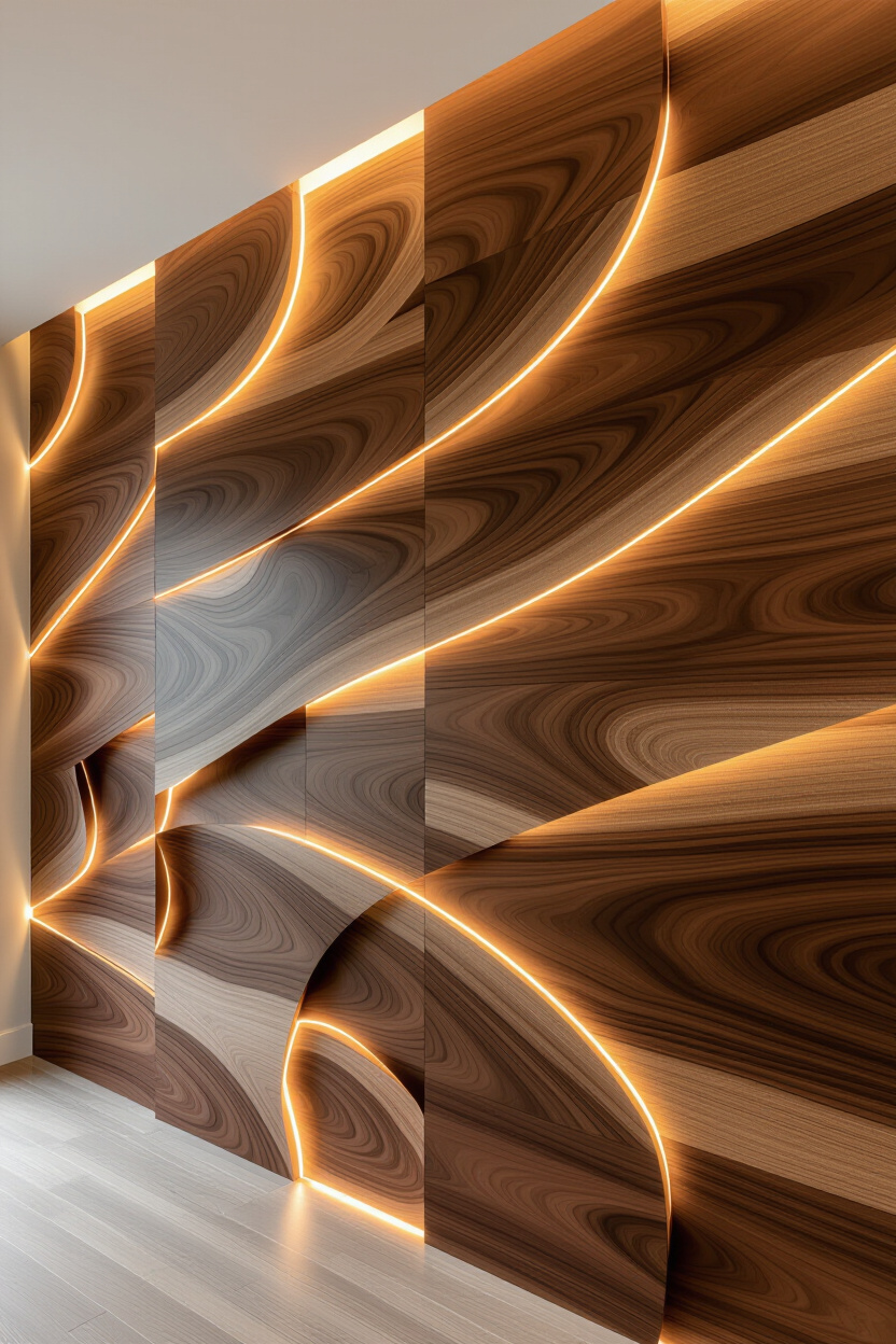 Warm Walnut Living Room Wood Wall