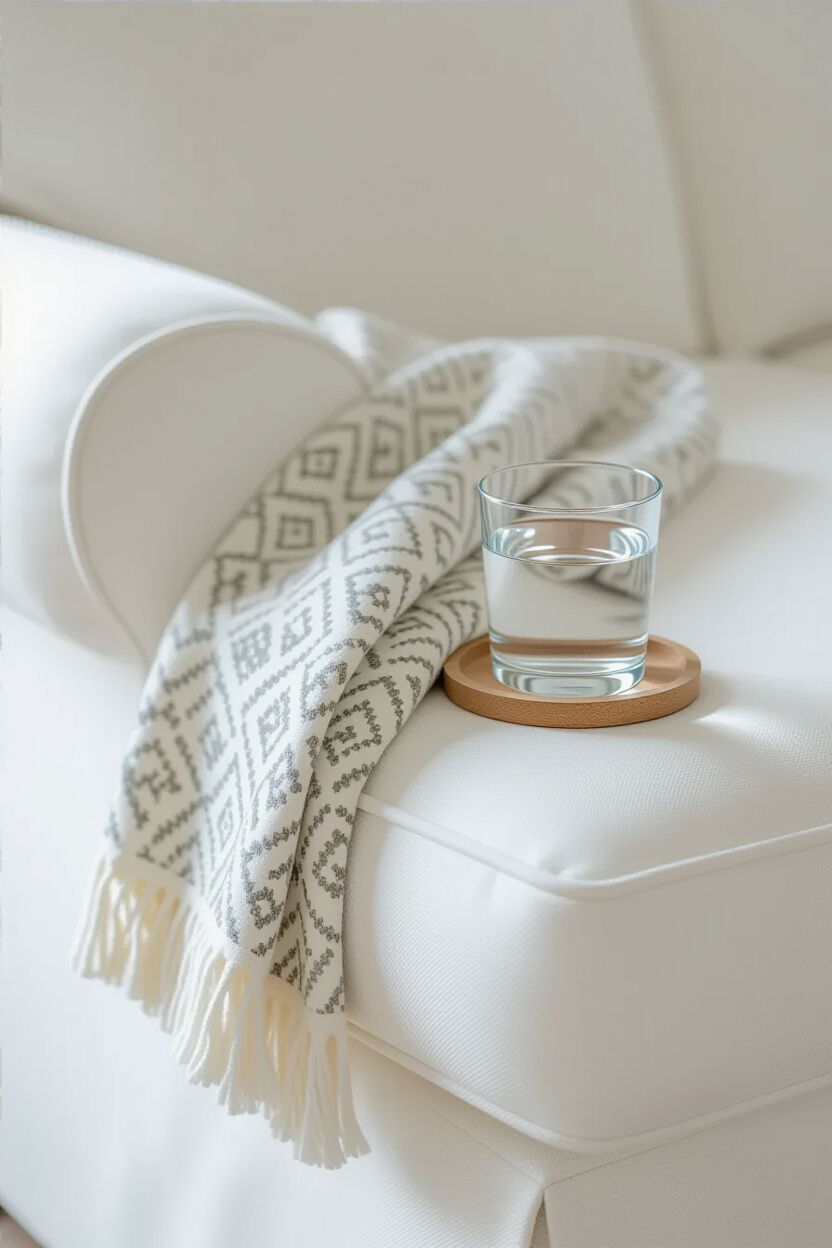 A close-up shot focusing on the armrest of a white sofa. A small, neatly folded patterned throw blan