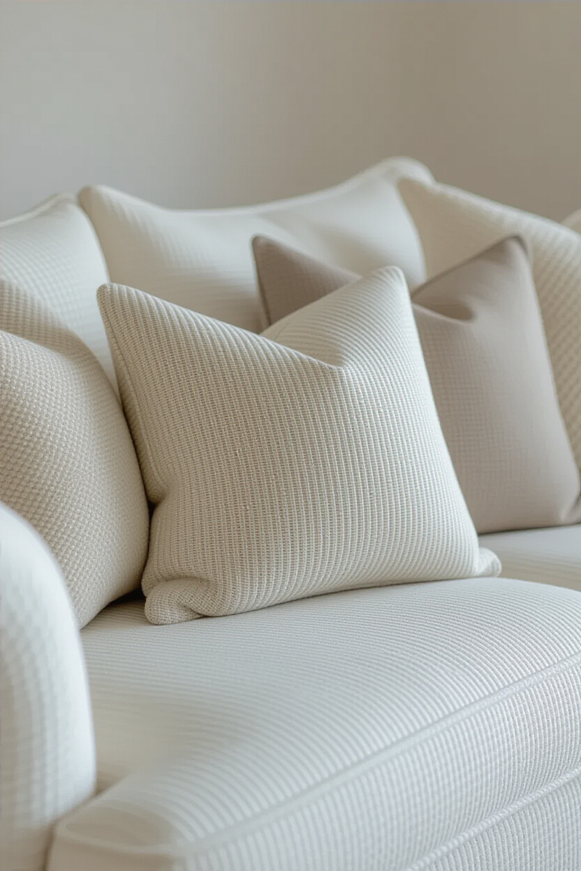 Close-up on a section of a textured white sofa, showcasing the weave of the fabric. Next to it, a co