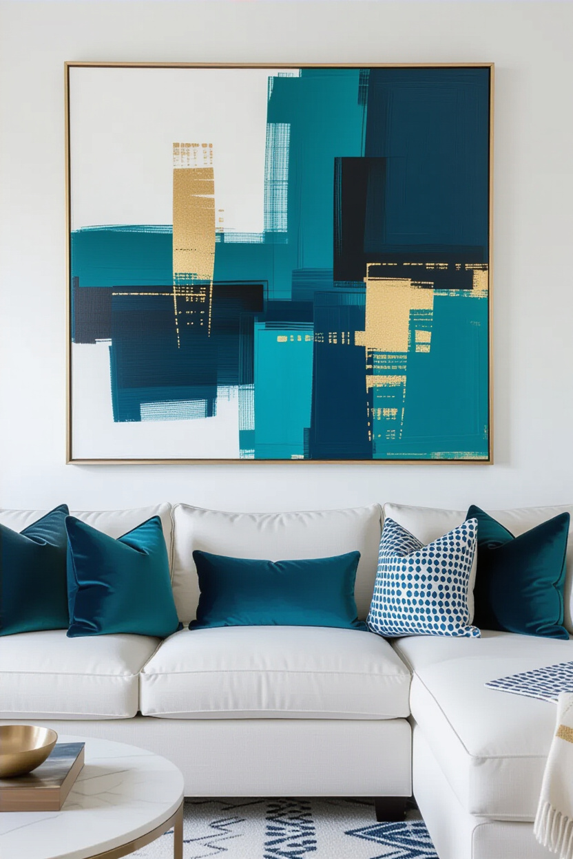 A modern living room with a white sectional sofa. A striking abstract artwork featuring bold strokes