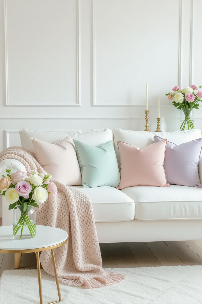 A bright and airy living room featuring a white sofa. Several throw pillows in delicate pastel shade