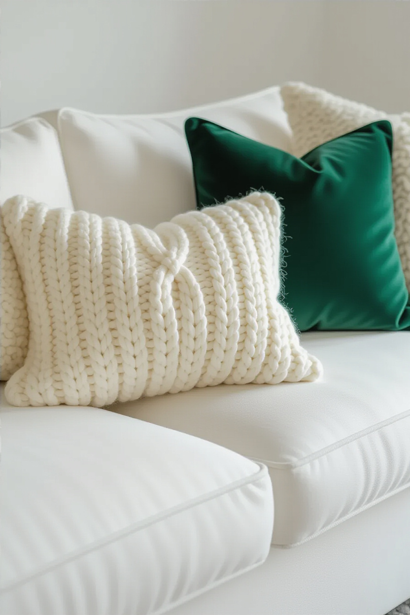 A close-up of a white sofa, showing the plush texture of the fabric. Scattered on the sofa are sever