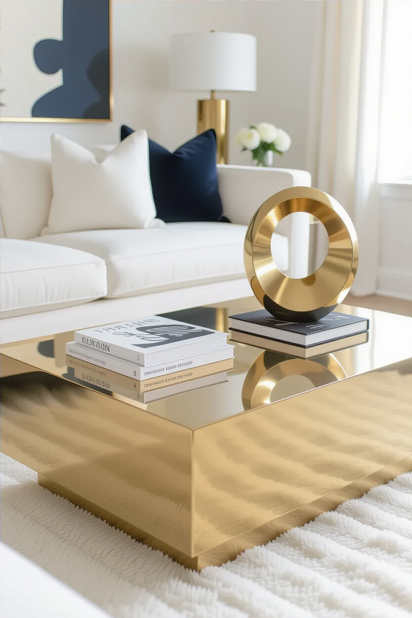 A chic living room vignette with a white sofa. A sleek, gold-toned coffee table with a polished surf
