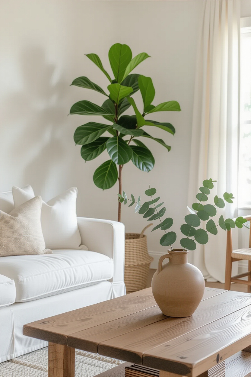 A sun-drenched living room featuring a white sofa. A large potted fiddle-leaf fig plant sits in a wo