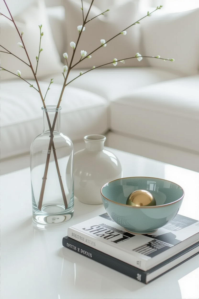 A close-up of a white coffee table in front of a white sofa. On the table, three decorative objects