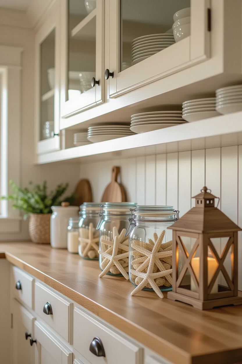 Coastal Farmhouse Style Above Kitchen Cabinets