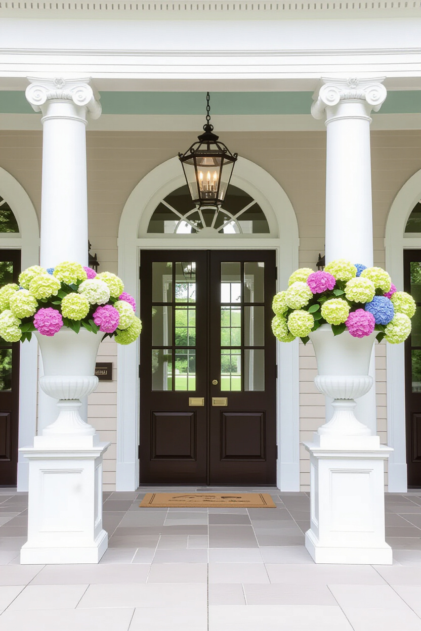Classic Spring Urns Ideas for Front Porches with Symmetrical Design