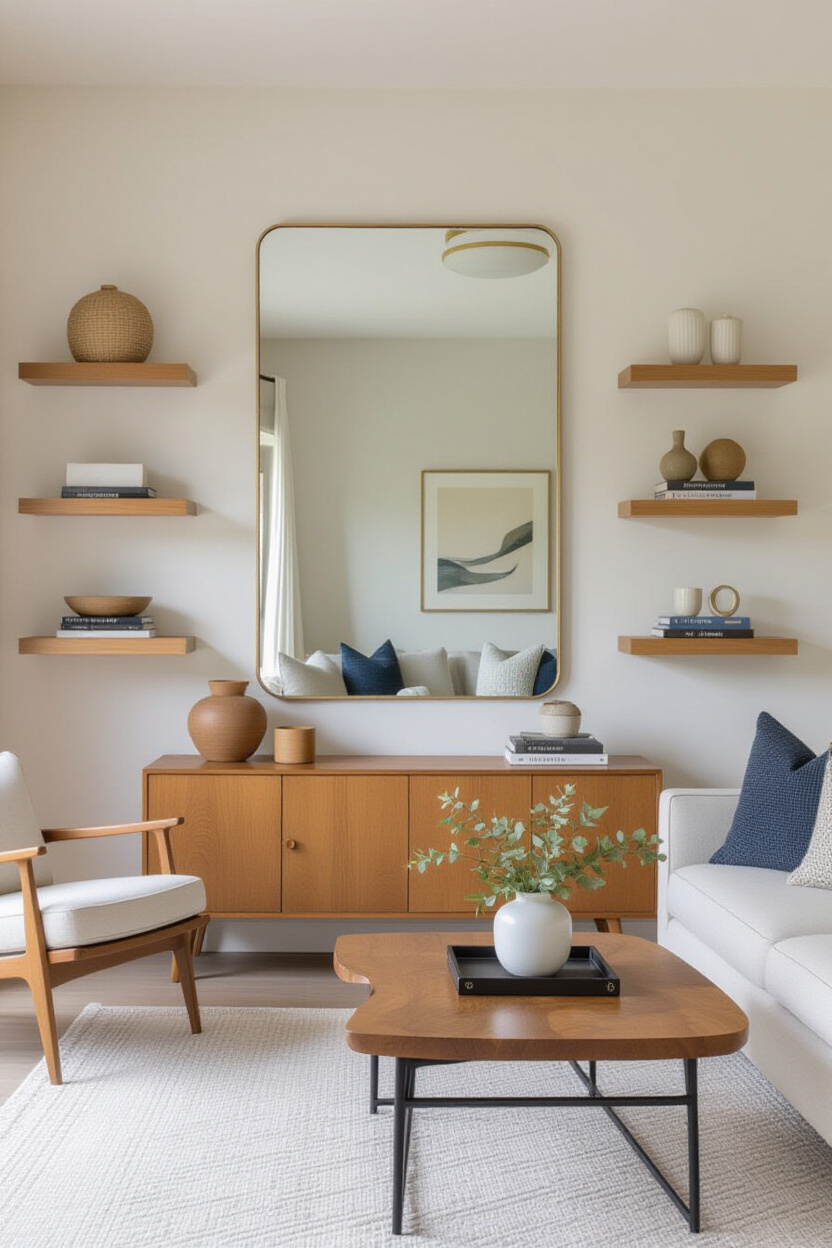 Mirror Wall Decor with Floating Shelves: Functional Style