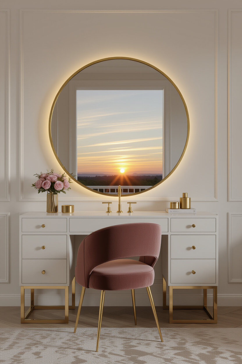 Round Mirror Vanity Table Design for Elegant Bedroom Interiors