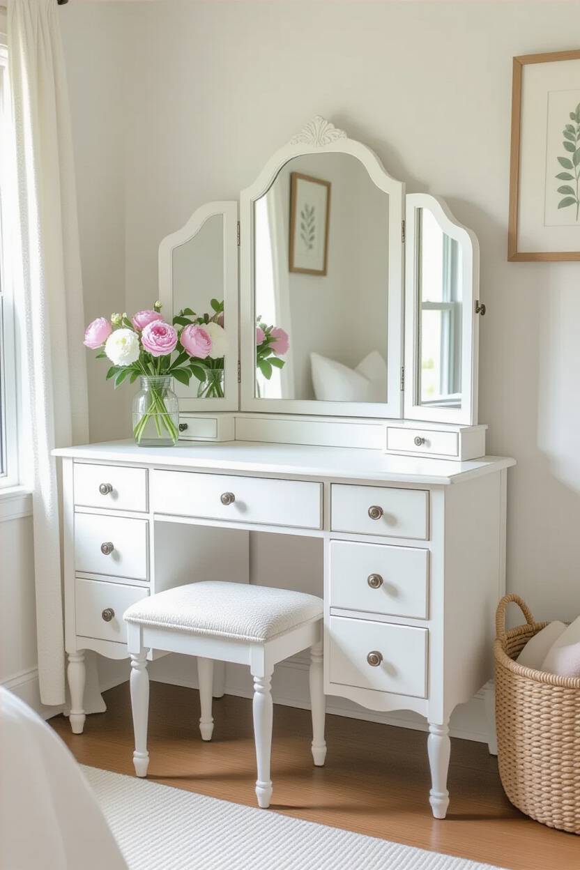 White Vintage Vanity for a Classic Bedroom Aesthetic